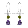 Amatista y Peridot Gemstone 925 Pendiente de Plata de Ley